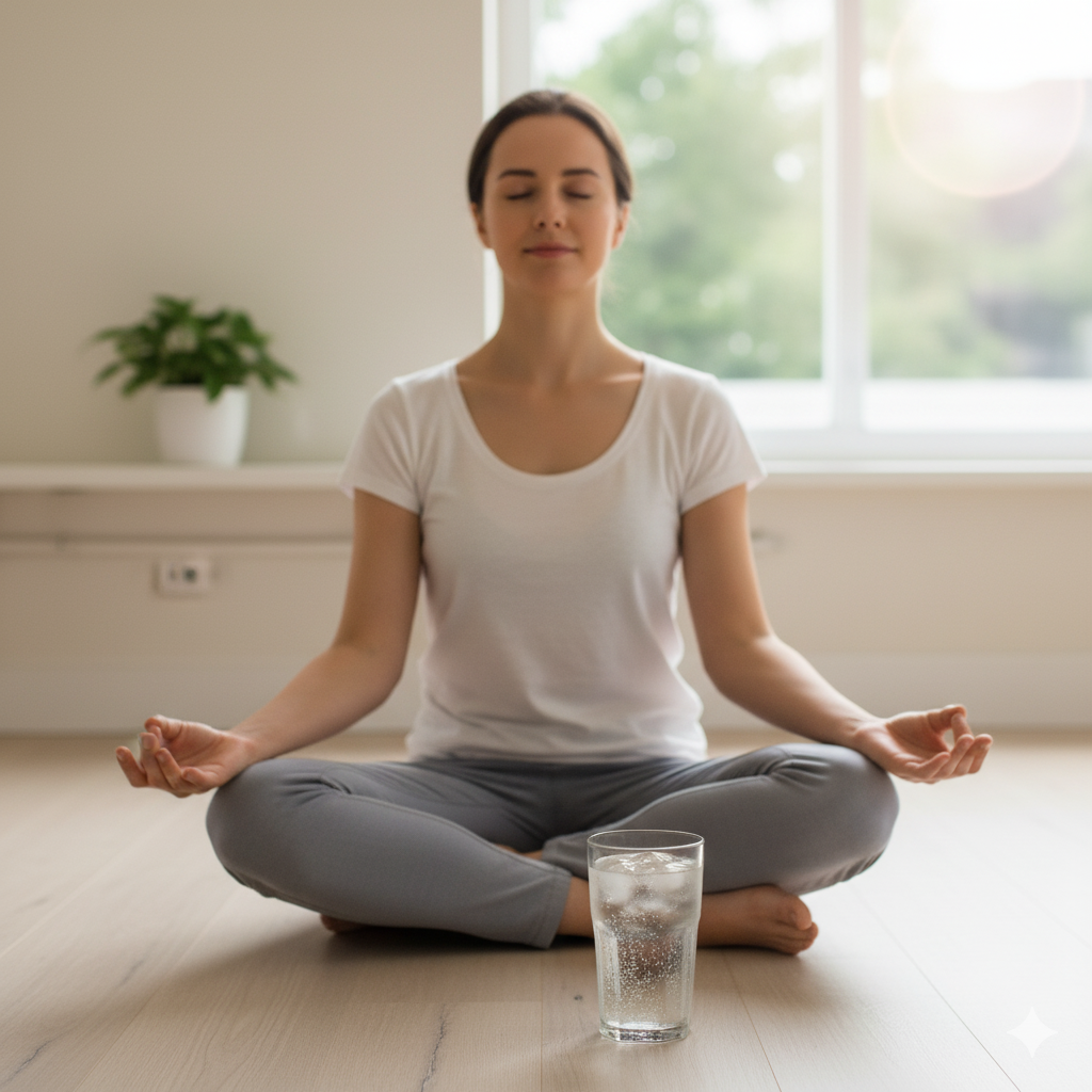 Pessoa meditando com um copo de água ao lado